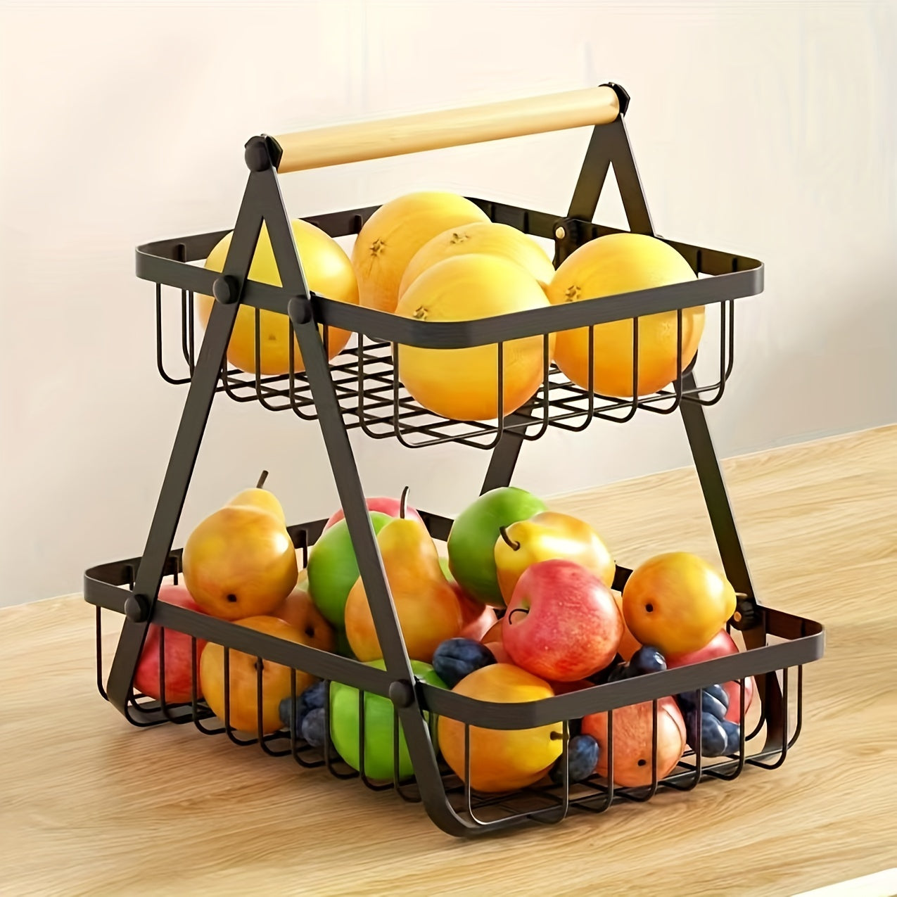 Sleek Metal Kitchen Basket – Stylish Storage with Wooden Handle
